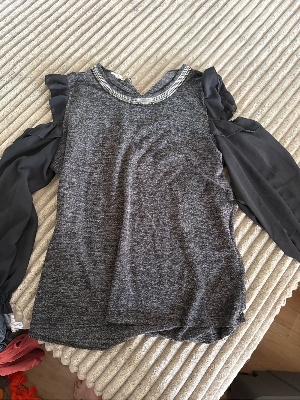 Maurices Heather Gray Knit Cold-Shoulder Top with Black Sheer Sleeves